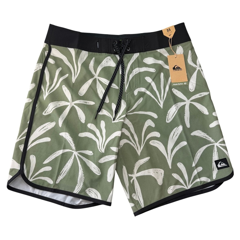 Quiksilver Mens Boardshorts Sage Green Palm Leaf Mid Length Swim Size 33  NEW